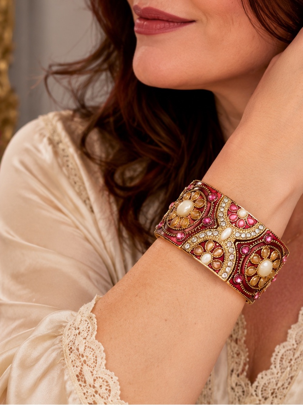 Wide Gold Toned Victorian Revival Stretch Statement Cuff - Picture 4 of 4